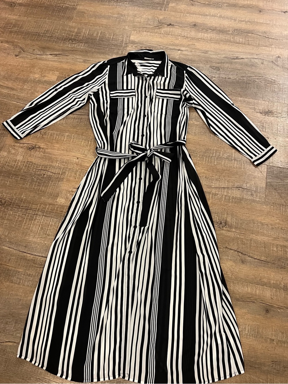 New 2xl 22W eshakti Black & White Striped button down Shirt Dress with Tie Waist